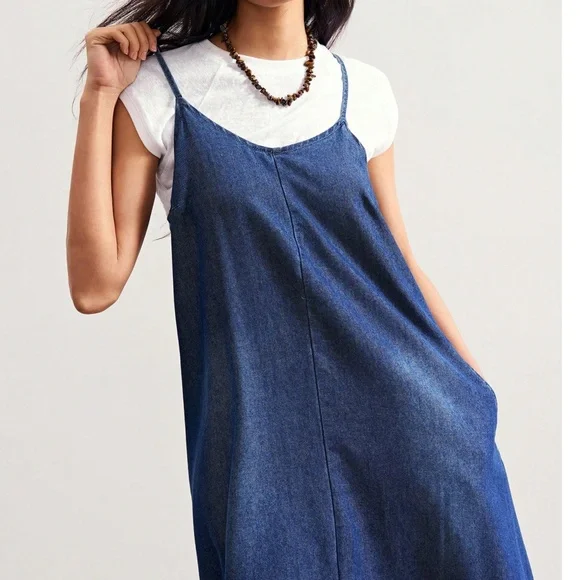 Dark Wash Adjustable Straps Pockets Denim Jean Maxi Cami Dress - Picture 2 of 4